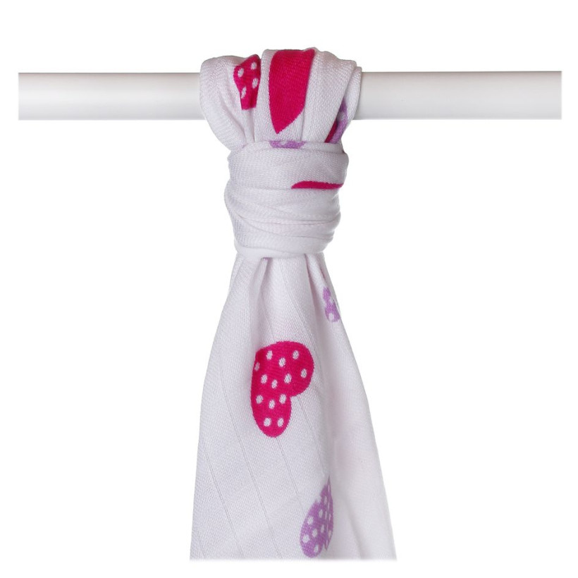 Bamboo muslin towel XKKO BMB 90x100 - Lilac Hearts 10x1pcs (Wholesale packaging)