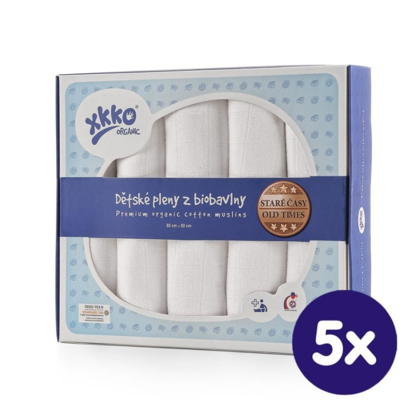 Organic Cotton Muslins XKKO Organic 80x80 Old Times - White 5x5ps (Wholesale pack.)