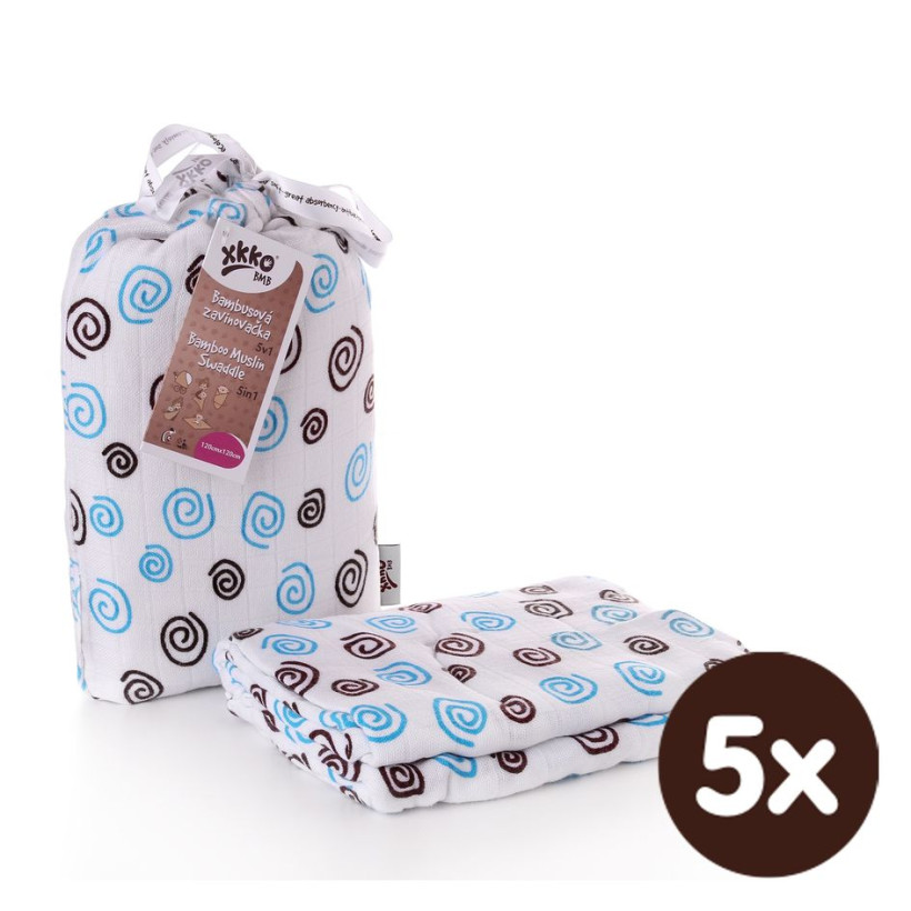 Bamboo swaddle XKKO BMB 120x120 - Cyan Spirals 5x1ps (Wholesale packaging)