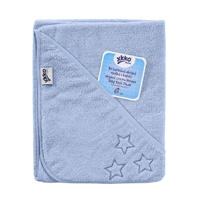 Hooded terry bath towel XKKO Organic 90x90 - Baby Blue Stars 5x1ps (Wholesale pack.)