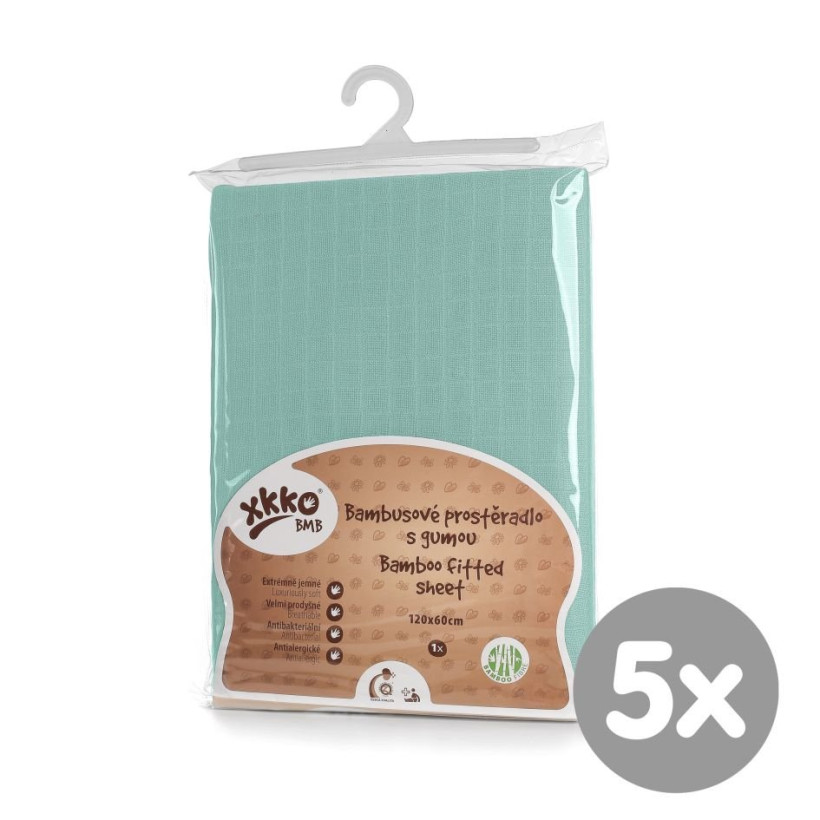 Bamboo muslin fitted bed sheet XKKO BMB 120x60 - Mint 5x1ps (Wholesale pack.)