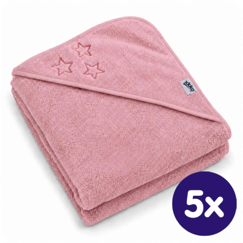 Hooded terry bath towel XKKO Organic 90x90 - Baby Pink Stars 5x1ps (Wholesale pack.)
