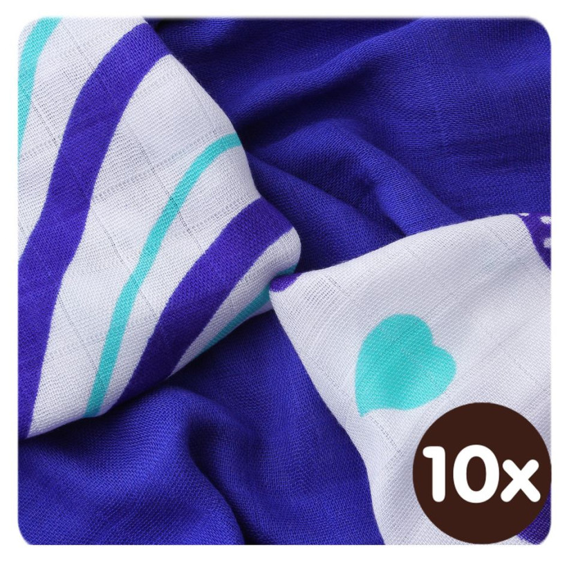 Bamboo muslins XKKO BMB 30x30 - Hearts&Waves Ocean Blue MIX 10x9pcs (Wholesale packaging)