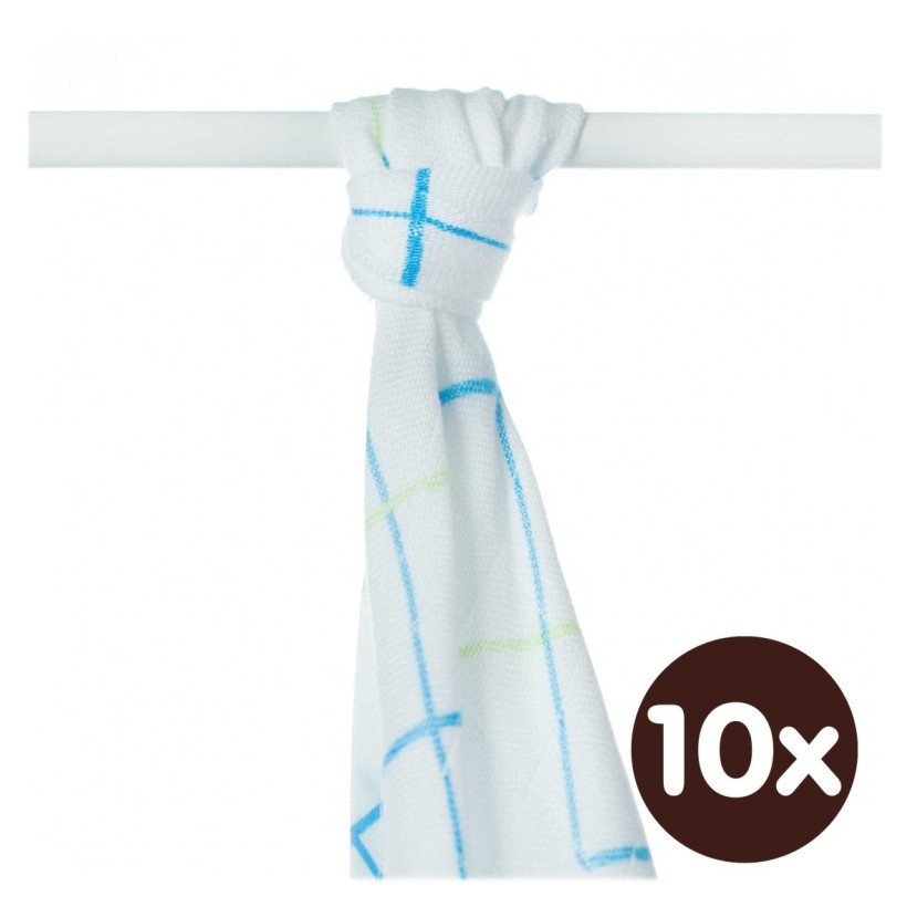 Bamboo muslin towel XKKO BMB 90x100 - Cyan Squares 10x1pcs (Wholesale packaging)