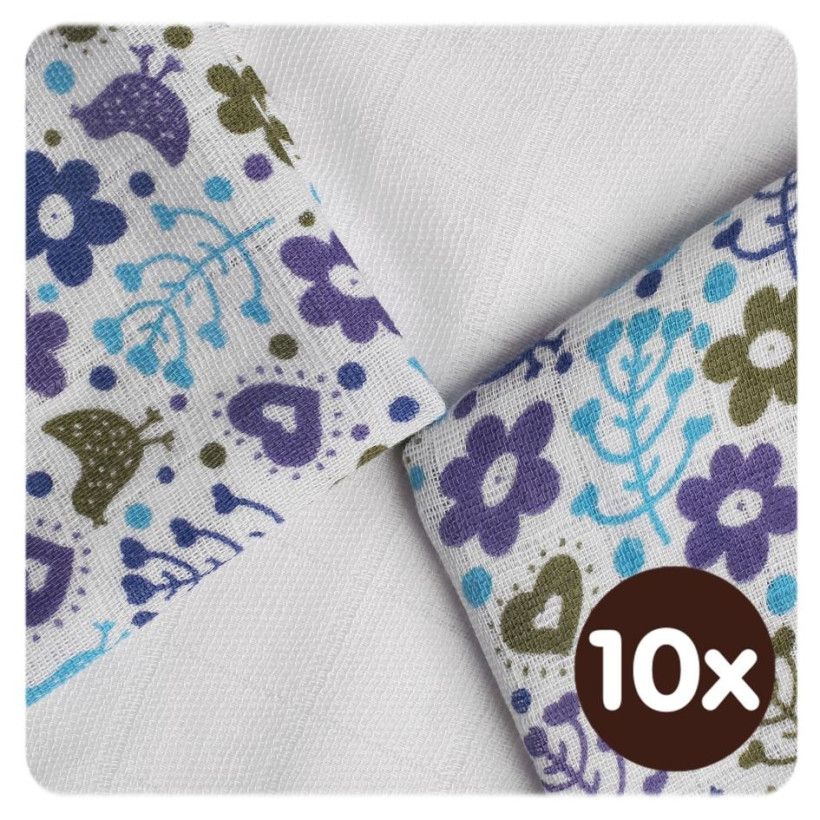 Bamboo muslins XKKO BMB 30x30 - Flowers&Birds Boys MIX 10x9pcs (Wholesale packaging)