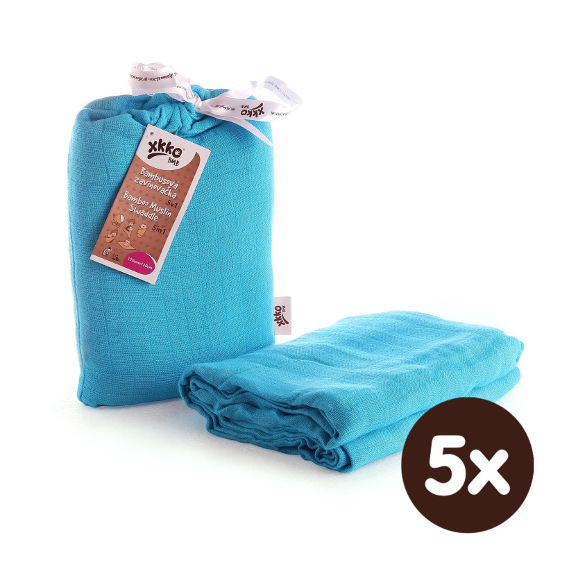 Bamboo swaddle XKKO BMB 120x120 - Cyan 5x1ps (Wholesale packaging)