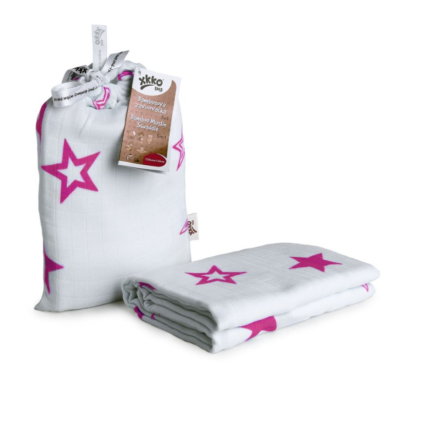 Bamboo swaddle XKKO BMB 120x120 - Magenta Stars 5x1ps (Wholesale packaging)
