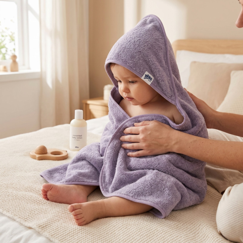 Hooded terry bath towel XKKO Organic 90x90 - Lavender Aura