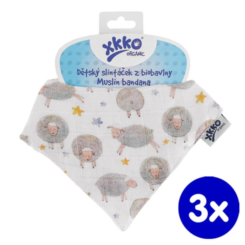 Organic Cotton Muslin Bandana XKKO Organic - Dreamy Sheeps 3x1ps (Wholesale pack.)