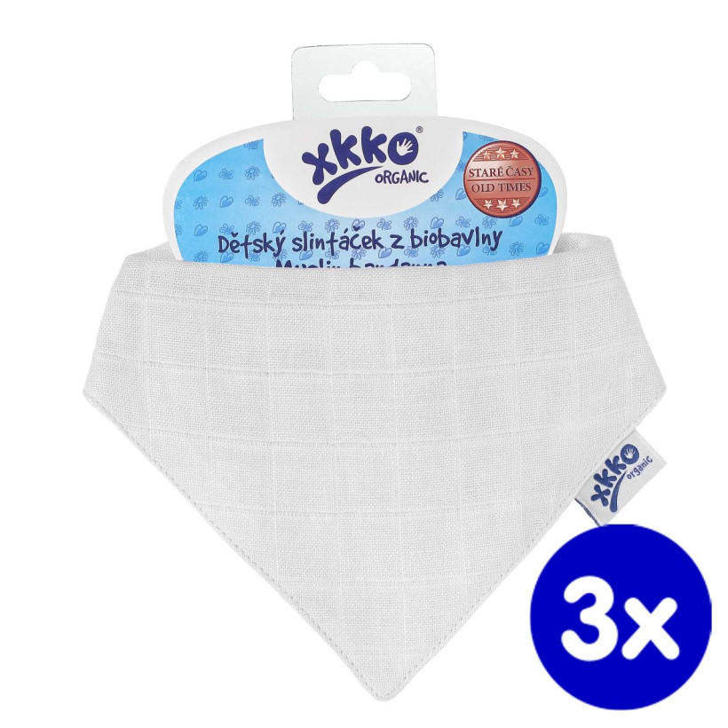 Organic Cotton Muslin Bandana XKKO Organic - White 3x1ps (Wholesale pack.)