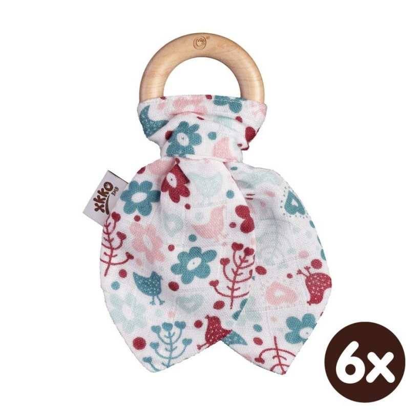XKKO BMB Bamboo teether with Leaves - Flowers&Birds Girls 6x1ps (Wholesale pack.)