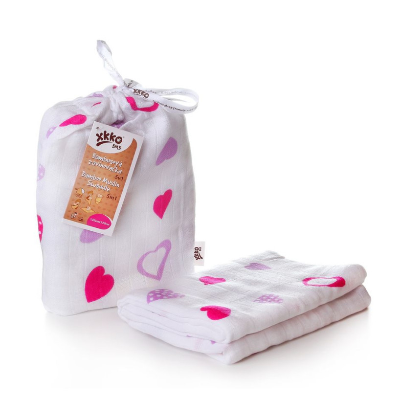 Bamboo swaddle XKKO BMB 120x120 - Lilac Hearts 5x1ps (Wholesale packaging)