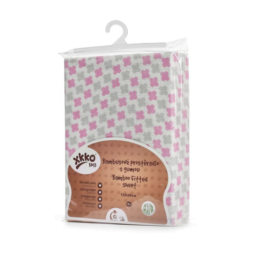 Bamboo muslin fitted bed sheet XKKO BMB 120x60 - Baby Pink Cross