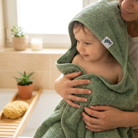Hooded terry bath towel XKKO Organic 90x90 - Granite Green