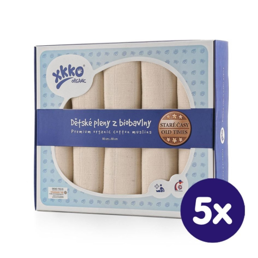 Organic Cotton Muslins XKKO Organic 80x80 - Old Times Natural 5x5ps (Wholesale pack.)