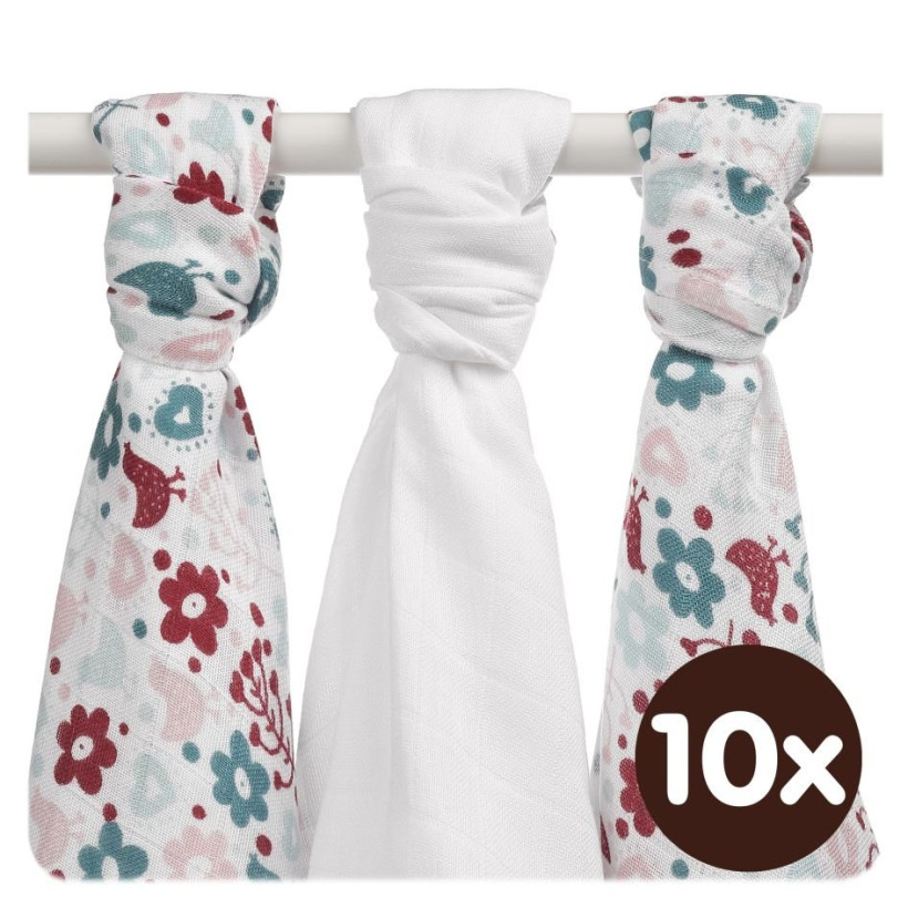 Bamboo muslins XKKO BMB 70x70 - Flowers&Birds Girls MIX 10x3pcs (Wholesale packaging)