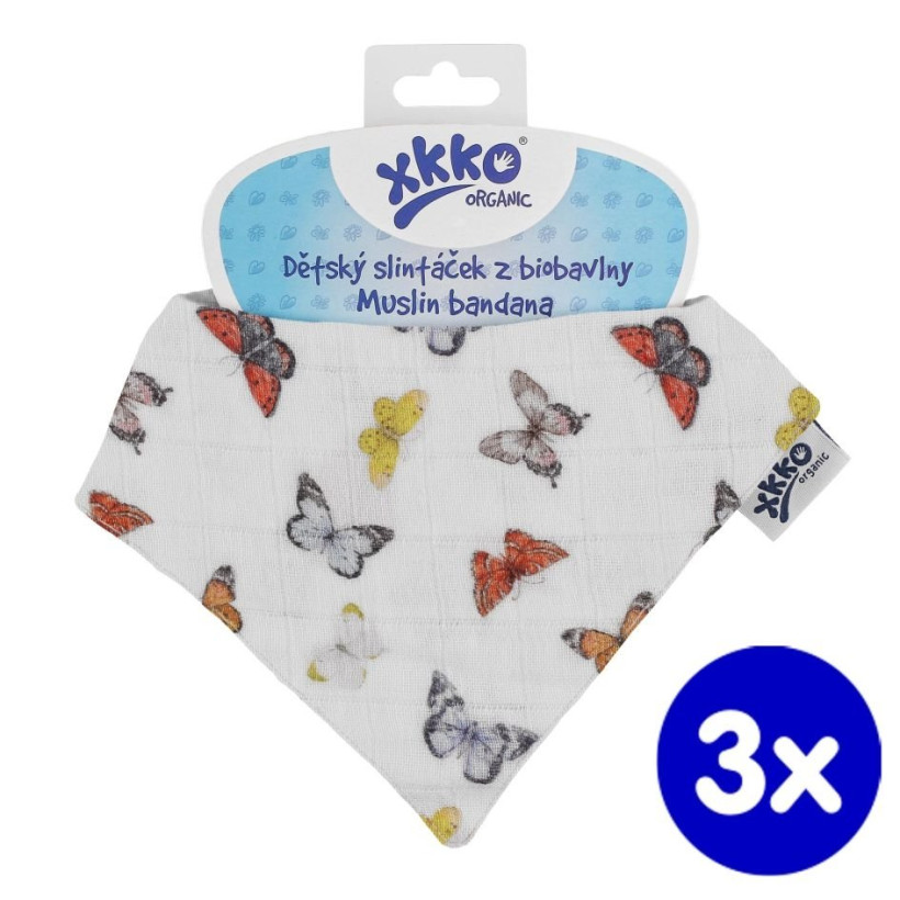 Organic Cotton Muslin Bandana XKKO Organic - Butterflies 3x1ps (Wholesale pack.)