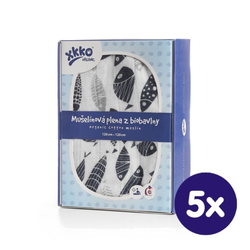 Organic Cotton Swaddle XKKO Organic 120x120 - Silver Fish 5x1ps (Wholesale pack.)