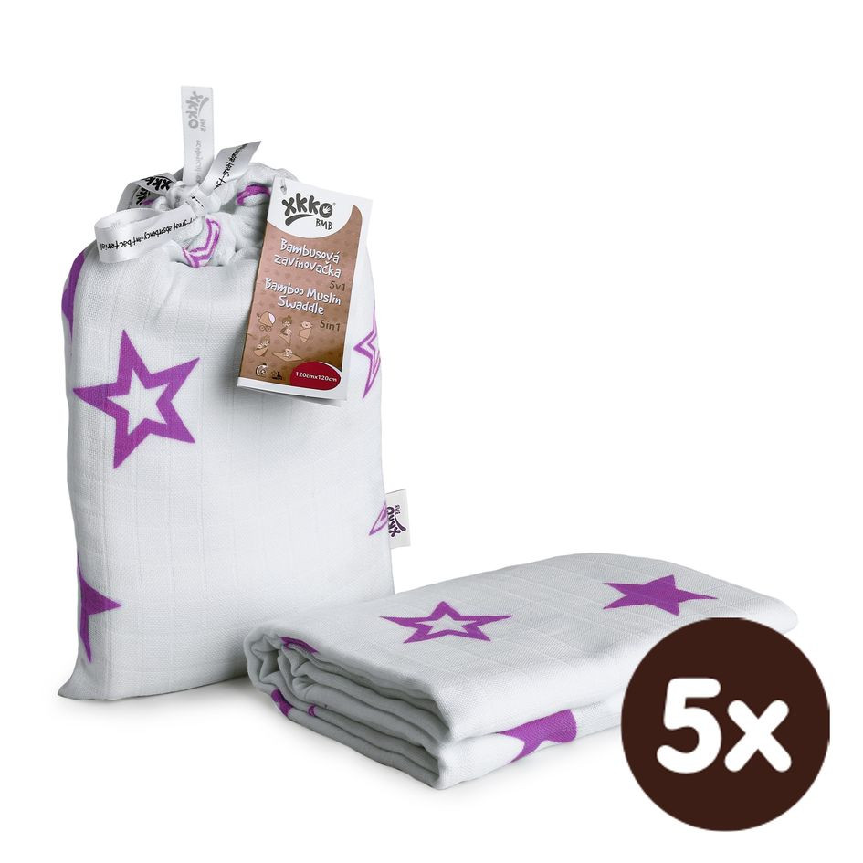 Bamboo swaddle XKKO BMB 120x120 - Lilac Stars 5x1ps (Wholesale packaging)