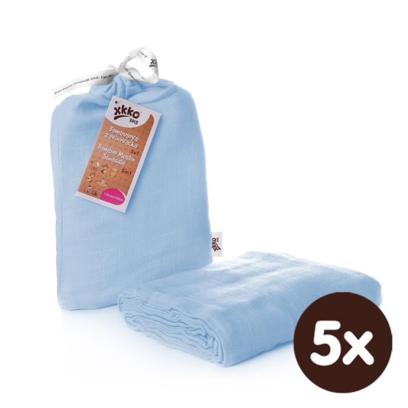 Bamboo swaddle XKKO BMB 120x120 - Baby Blue 5x1ps (Wholesale packaging)
