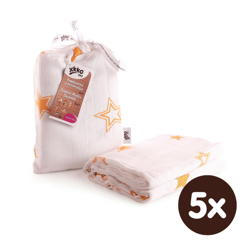 Bamboo swaddle XKKO BMB 120x120 - Orange Stars 5x1ps (Wholesale packaging)