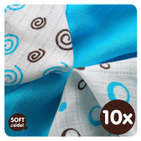 Bamboo muslins XKKO BMB 30x30 - Spirals&Bubbles Cyan MIX 10x9pcs (Wholesale packaging)