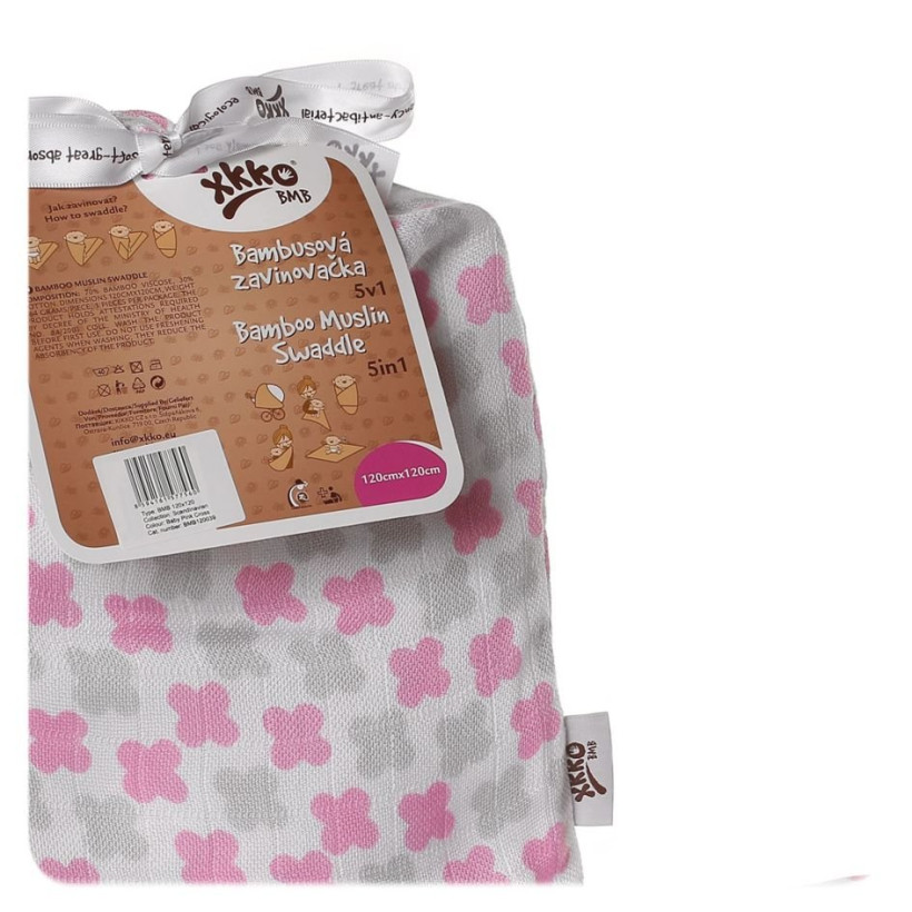 Bamboo swaddle XKKO BMB 120x120 - Baby Pink Cross