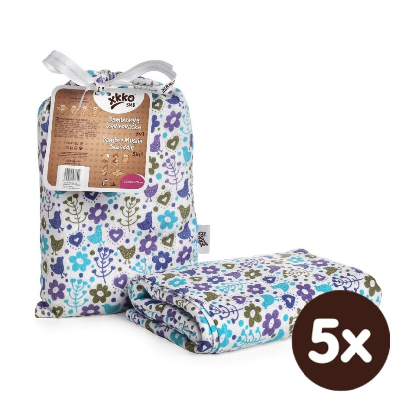 Bamboo swaddle XKKO BMB 120x120 - Flowers&Birds Boys 5x1ps (Wholesale packaging)