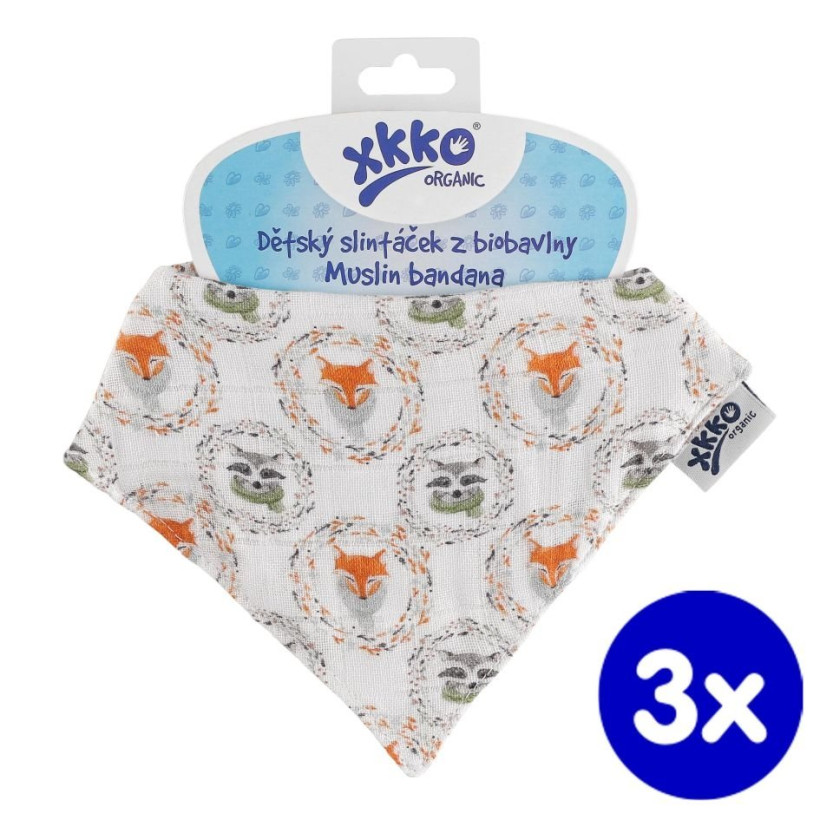 Organic Cotton Muslin Bandana XKKO Organic - Fox&Raccoon 3x1ps (Wholesale pack.)