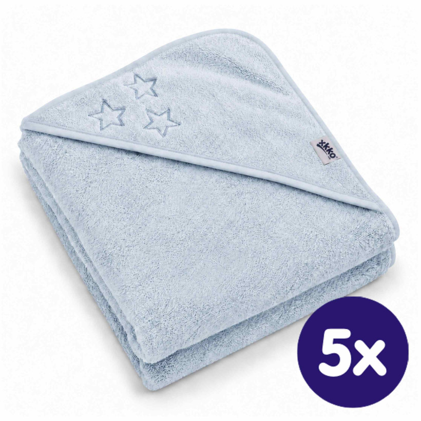 Hooded terry bath towel XKKO Organic 90x90 - Baby Blue Stars 5x1ps (Wholesale pack.)