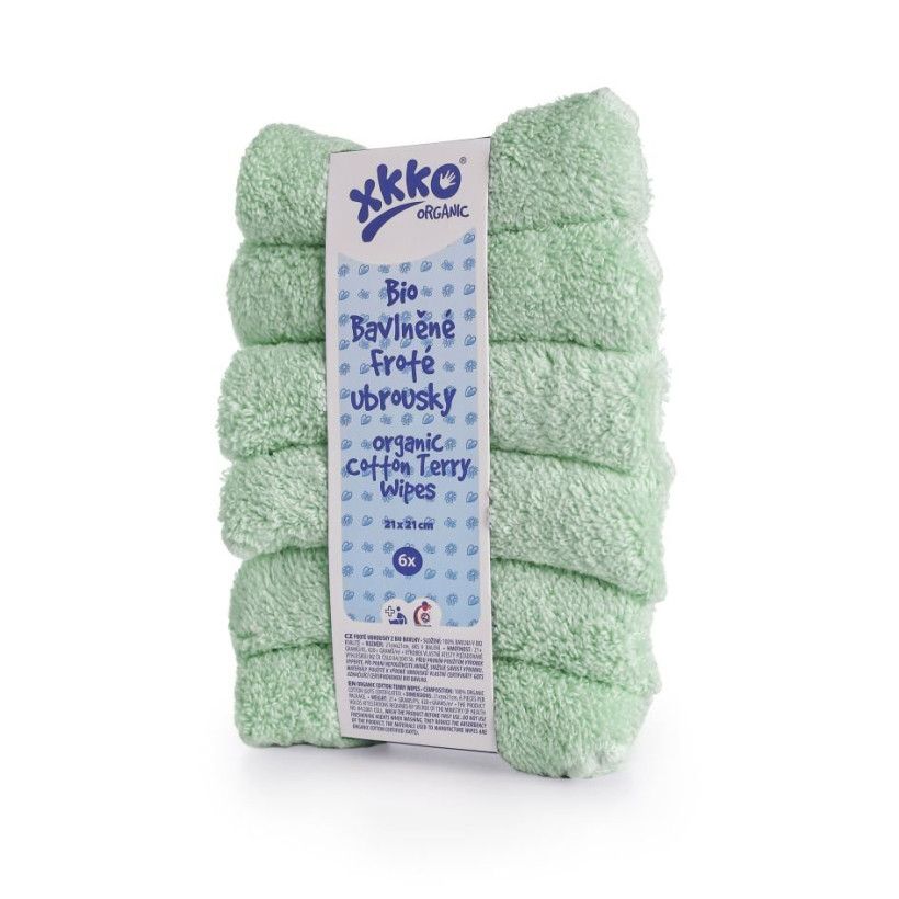 Organic cotton terry wipes XKKO Organic 21x21 - Mint 5x6ps (Wholesale pack.)