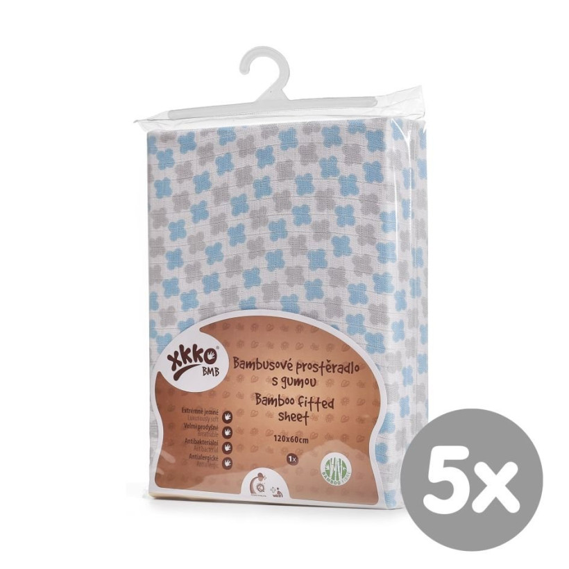 Bamboo muslin fitted bed sheet XKKO BMB 120x60 - Baby Blue Cross 5x1ps (Wholesale pack.)