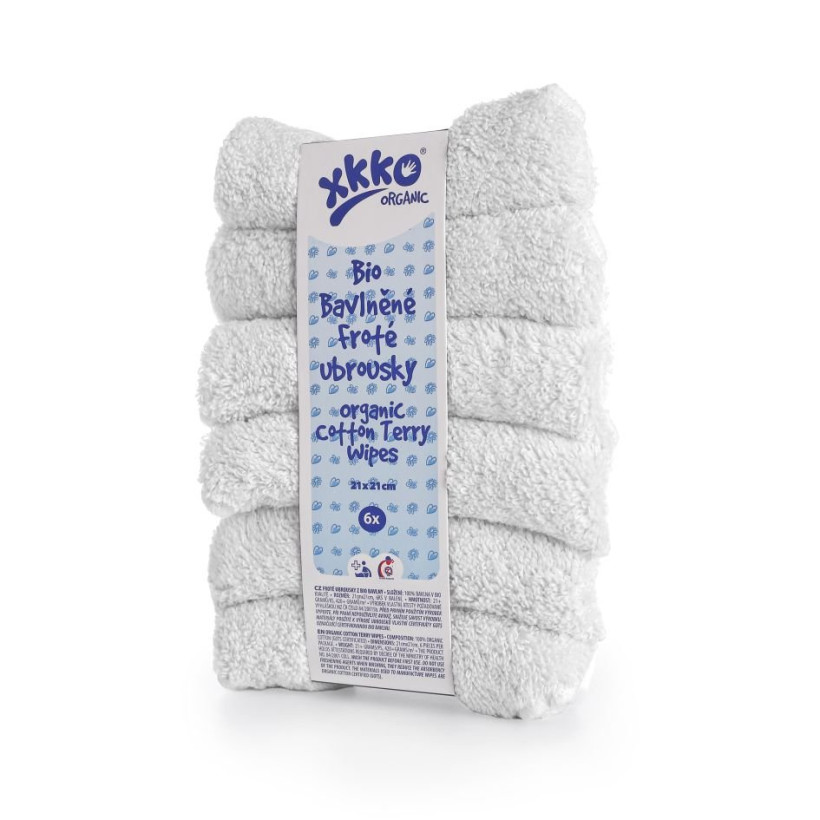Organic cotton terry wipes XKKO Organic 21x21 - White 5x6ps (Wholesale pack.)