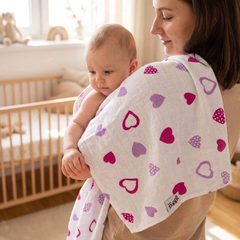 Bamboo muslin towel XKKO BMB 90x100 - Lilac Hearts