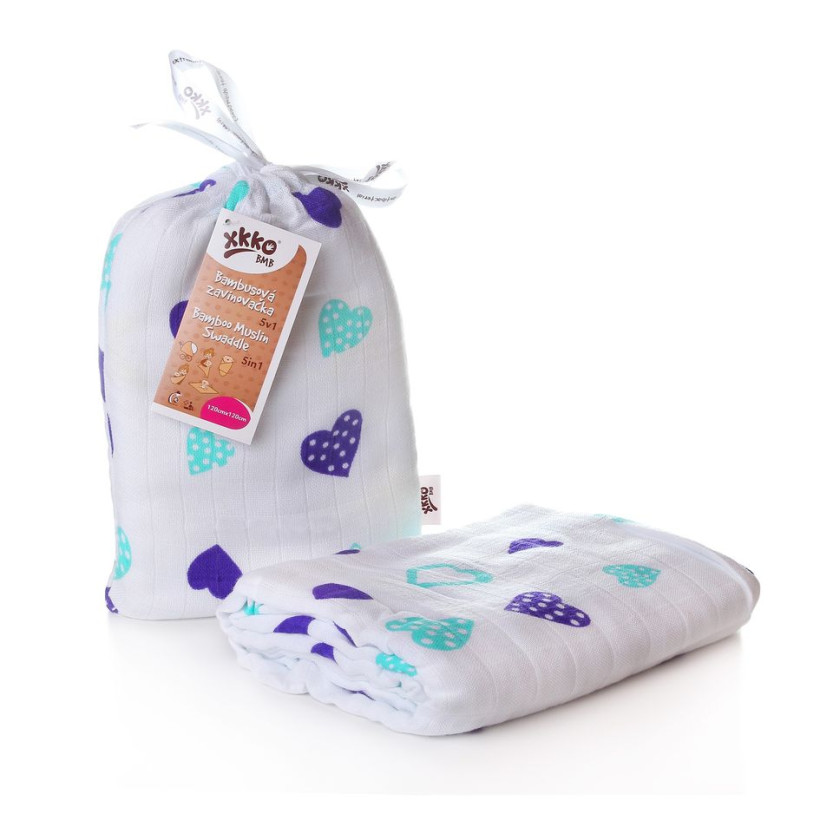 Bamboo swaddle XKKO BMB 120x120 - Ocean Blue Hearts 5x1ps (Wholesale packaging)