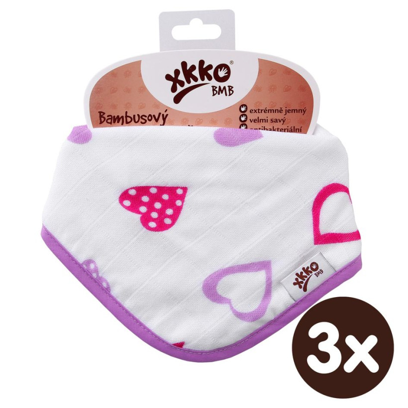 Bamboo bandana XKKO BMB - Lilac Hearts 3x1ps Wholesale packing