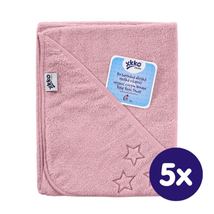 Hooded terry bath towel XKKO Organic 90x90 - Baby Pink Stars 5x1ps (Wholesale pack.)