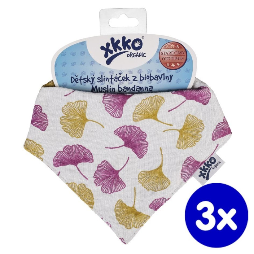 Organic Cotton Muslin Bandana XKKO Organic - Ginkgo 3x1ps (Wholesale pack.)